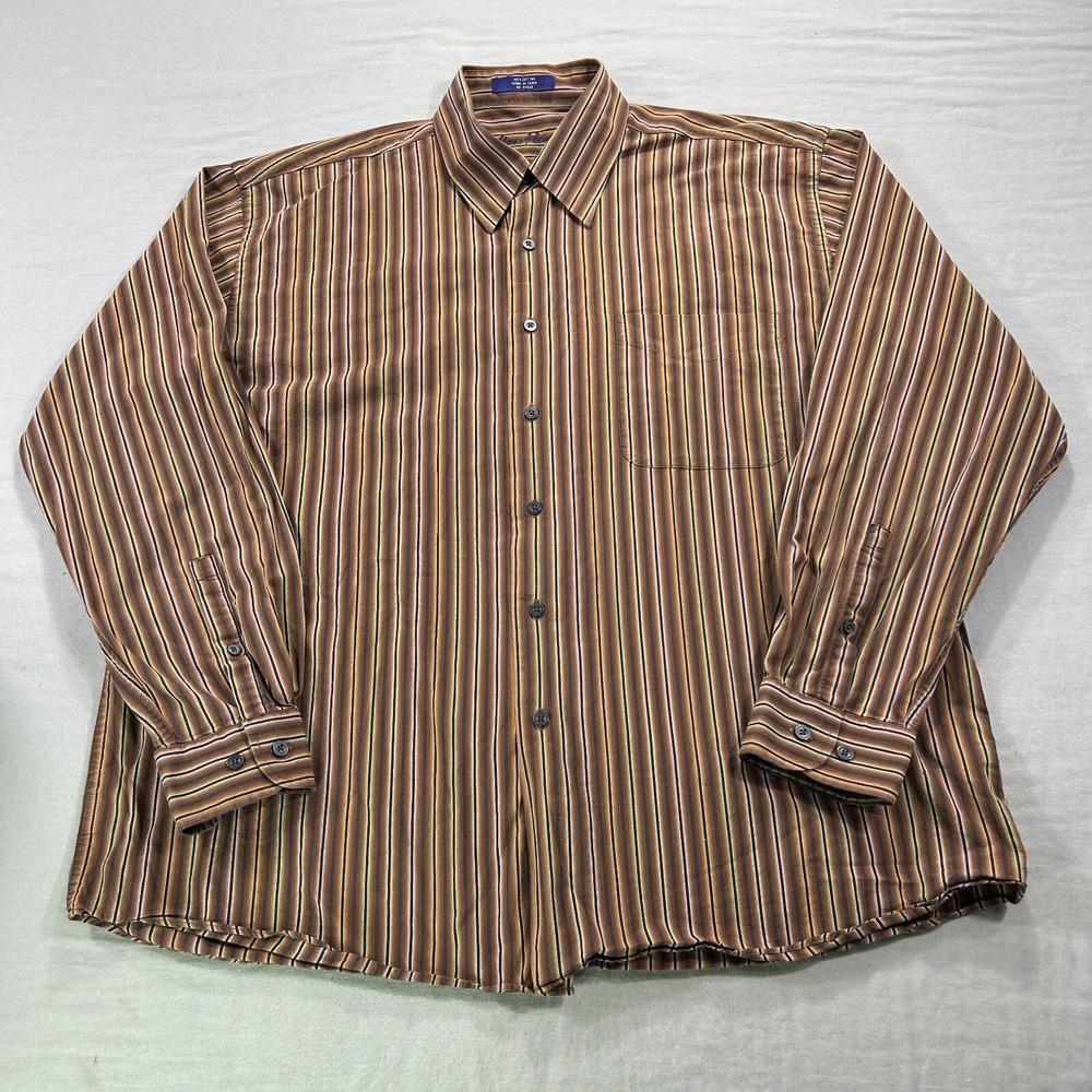Alan Flusser Shirt Mens 2XL XXL Brown Striped Buttonβ Up Casual Adult